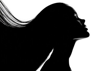 Aufkleber - Silhouette of a woman with long flowing hair against a stark white background during a photoshoot for artistic expression