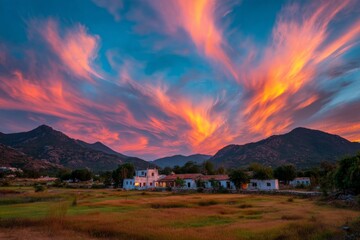 Aufkleber - Breathtaking sunset illuminates mountains and fields near a quaint village in the countryside of southern Spain