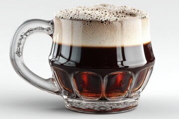Poster - Frothy dark beer in a glass mug on a neutral background captures the essence of a refreshing drink