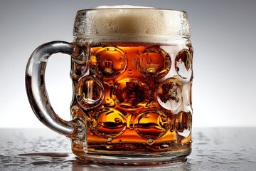 Poster - Refreshing glass of amber beverage with frothy top set against a clean background in a bright setting