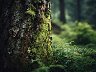 Poster - Mossy Tree Trunk in Lush Forest, Representing Environmental Awareness and Conservation Efforts, Ideal for Nature Bloggers and Eco-Friendly Product Advertisements : Generative AI