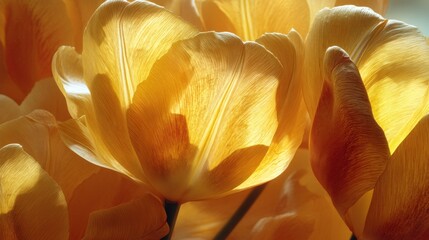 Aufkleber - Close-Up of Yellow Tulip Petals Glowing in Sunlight, Symbolizing Springtime Beauty and Natural Wellness : Generative AI