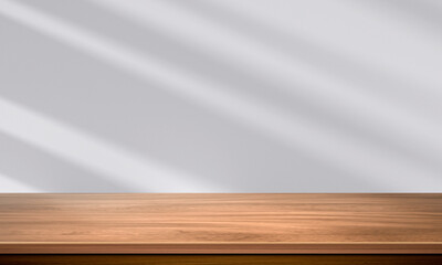 Wall Mural - Wood table top and blurred wall shadow leaves window background can used for display or montage your products