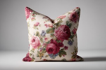 Fototapete - Decorative floral pillow rests on a simple surface in a well-lit indoor space showcasing vibrant colors and intricate patterns