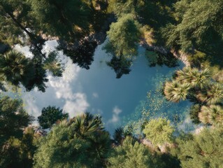 Poster - Aerial View of a Secluded Pond Surrounded by Lush Trees, Symbolizing Environmental Awareness and Conservation Efforts for a Sustainable Future : Generative AI