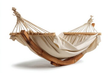 Poster - Hammock made of natural materials rests in the sunlight, inviting relaxation in a serene outdoor setting near a garden