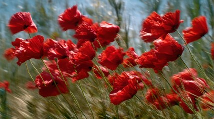 Aufkleber - Field of Red Poppies Swaying in the Wind, Representing Remembrance and Memorial Day Celebrations With a Sense of Peace and Tranquility : Generative AI