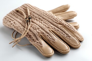 Poster - Elegant knitted leather gloves displayed on a white surface, perfect for winter wear and ensuring warmth and style