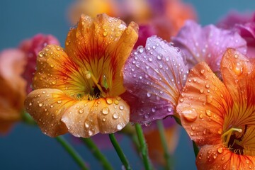Poster - Nasturtium Flowers With Water Droplets in Vivid Colors, Symbolizing Freshness and Natural Beauty for Botanical Projects : Generative AI