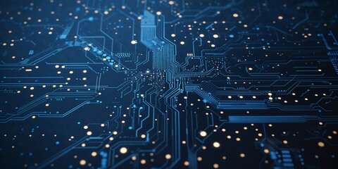 Poster - Digital circuitry network with glowing nodes and intricate patterns showcasing modern technology advancement