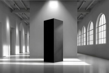 Fototapete - Modern minimalist sculpture displayed in a spacious art gallery with large windows and dramatic lighting