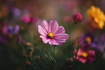 Aufkleber - Close-Up of a Pink Cosmos Flower in a Field, Symbolizing Natural Beauty and Springtime Renewal for Floral Design Projects : Generative AI