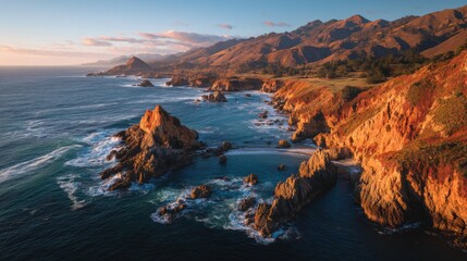 Poster - Dramatic Coastal Cliffs and Turquoise Ocean at Sunset, Showcasing Natural Beauty and Inspiring Travel Destinations, Perfect for Tourism Marketing : Generative AI