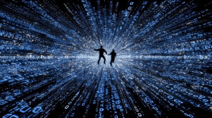 Poster - Two professionals are exploring the digital frontier by navigating through a data-driven tunnel of light and information technology