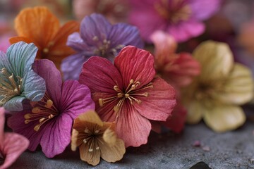 Poster - Close-Up of Colorful Fabric Flowers on Concrete Surface, Symbolizing Springtime Renewal and Artistic Expression for Creative Projects : Generative AI