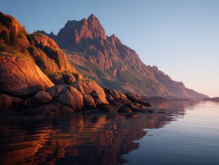 Poster - Mountains and Rocks at Sunset Reflecting on Water, Showcasing Natural Beauty and Inspiring Travel and Exploration : Generative AI