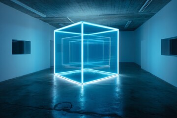Aufkleber - Neon light installation creates an immersive experience in a modern art gallery in the evening time