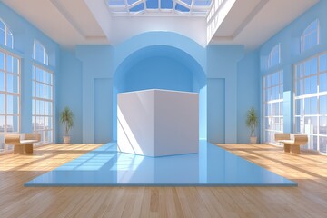 Fototapete - Bright contemporary interior featuring cubic sculpture in a spacious gallery with large windows