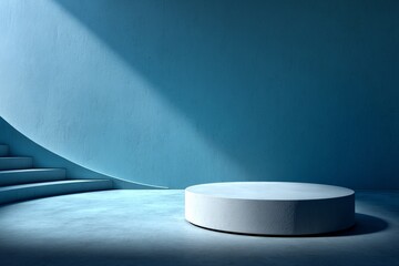 Fototapete - Minimalist blue interior with a circular platform and soft lighting during the day