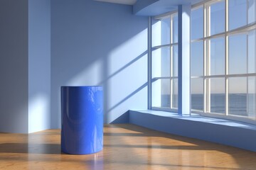 Aufkleber - Bright blue interior with round pedestal and ocean view during daylight creates a serene atmosphere