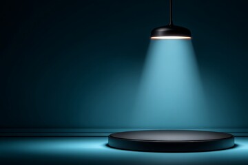 Fototapete - Spotlight on an empty stage with teal lighting and a circular platform in a minimalist setting