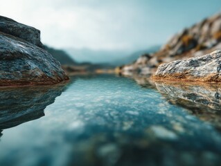 Poster - Serene Lake Landscape With Rocks and Reflections, Evoking Tranquility and Natural Beauty for Travel and Tourism Marketing Campaigns : Generative AI