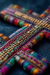 Poster - Close Up of Colorful Beaded Cross on Dark Fabric, Symbolizing Faith and Cultural Heritage, Suitable for Religious Organizations : Generative AI