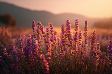Leinwandbilder - Lavender Field at Golden Hour Sunset, Symbolizing Serenity and Natural Beauty for Wellness Retreats and Aromatherapy Products : Generative AI