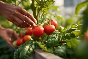 Poster - Hand Picking Ripe Tomatoes in Greenhouse, Symbolizing Fresh Produce and Sustainable Agriculture for Healthy Eating and Local Food Sourcing : Generative AI