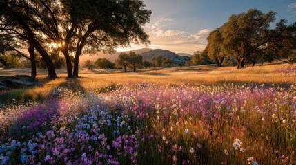 Poster - Wildflower Meadow at Sunset With Golden Light, Representing Natural Beauty and Serenity for Travel and Tourism Campaigns : Generative AI