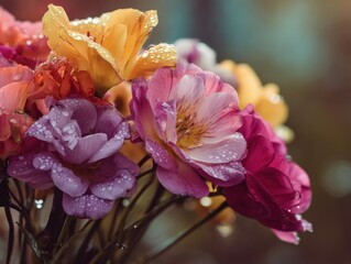 Poster - Close-Up of Colorful Alstroemeria Flowers With Water Droplets, Symbolizing Beauty and Floral Arrangement for Mother's Day : Generative AI