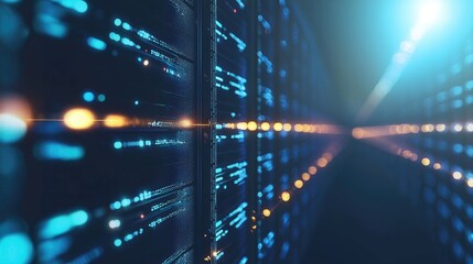 Poster - Futuristic data center corridor with glowing blue servers, digital lights, and depth perspective. Ideal for cloud computing, AI, cybersecurity, and technology themes