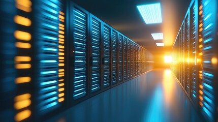 Poster - Bright futuristic data center hallway with symmetrical glowing servers and blue-orange lighting. Ideal for cloud storage, AI tech, server architecture, and IT infrastructure visuals