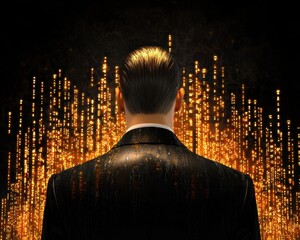 Poster - A man in a black suit stands with his back to the camera, facing a dynamic background of golden vertical lights. The image evokes a feeling of mystery and technological advancement.