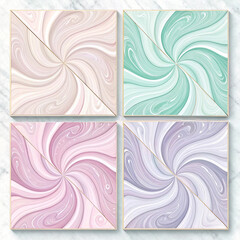 Poster - Four abstract swirling pastel artworks with gold accents on marble background