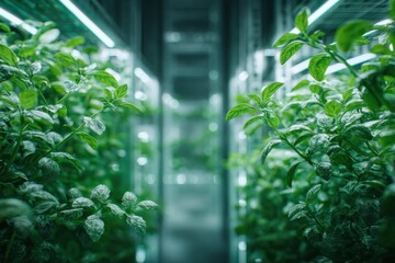 Aufkleber - Basil Plants Growing in Vertical Farm Under LED Lighting, Showcasing Sustainable Agriculture and Innovation in Food Production : Generative AI