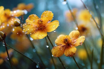 Poster - Close-Up of Yellow Flowers Covered in Raindrops, Showcasing Beauty in Nature and Promoting Environmental Awareness : Generative AI