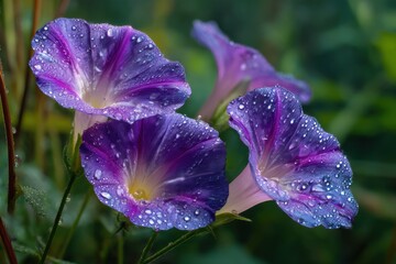Aufkleber - Morning Glory Flowers Covered in Dew Drops, Symbolizing Freshness and New Beginnings in Nature Photography : Generative AI