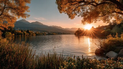 Poster - Golden Sunset Over Serene Lake With Mountains, Offering Tranquility and a Sense of Escape for Travel and Tourism Campaigns : Generative AI