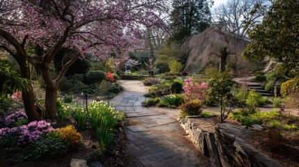 Aufkleber - Tranquil Garden Path in Springtime With Blooming Trees, Representing Serenity and Outdoor Wellness Retreats : Generative AI