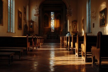 Aufkleber - Person Sitting in Church Pews Bathed in Sunlight, Representing Hope and Spiritual Reflection, Ideal for Religious Organizations and Community Outreach : Generative AI