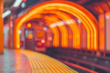 Poster - Modern architecture and neon lights define a futuristic urban subway tunnel that captures the essence of Retro Futurism