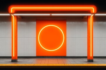 Poster - A futuristic city subway tunnel features neon lights and modern architectural designs, embodying Retro Futurism