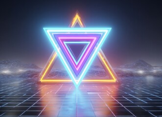 Poster - A neon triangle radiates vibrant hues within a dark, digitally rendered environment, where red and blue lines form a grid that reflects off a dark wooden floor, creating a futuristic ambiance