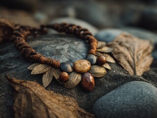 Poster - Handmade Necklace With Stones and Metal Leaves on Beach Sand, Showcasing Craftsmanship and Sustainable Fashion Trends : Generative AI