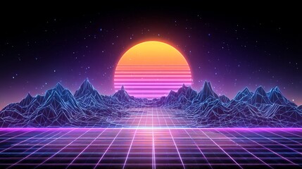 Poster - A landscape that blends retro and futuristic elements, featuring a neon-colored sunset set against a grid-like backdrop