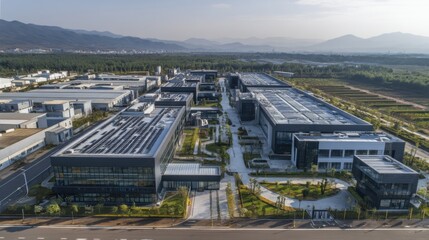 Poster - Modern Industrial Park With Solar Panels and Green Spaces, Showcasing Corporate Sustainability and Renewable Energy Investment : Generative AI