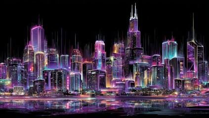 Poster - Digital art depicting a neon cityscape features multiple skyscrapers in a retrofuturistic composition set at night with glowing lines characteristic of cyberpunk retrofuturism