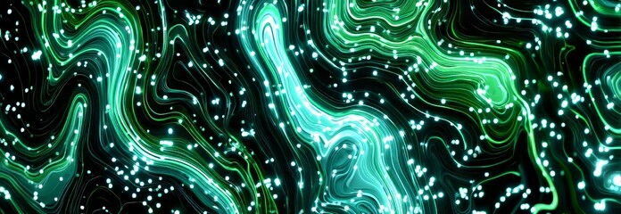 Poster - The background is an abstract representation, featuring a modern dark seamless pattern adorned with bling stars and lines, reminiscent of a geometric Y2K metaverse wireframe