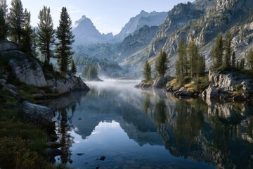 Aufkleber - Mountain Lake Reflecting Peaks in Calm Water at Dawn, Ideal for Travel Planning and Outdoor Adventure Inspiration, Showcasing Serenity and Natural Beauty : Generative AI